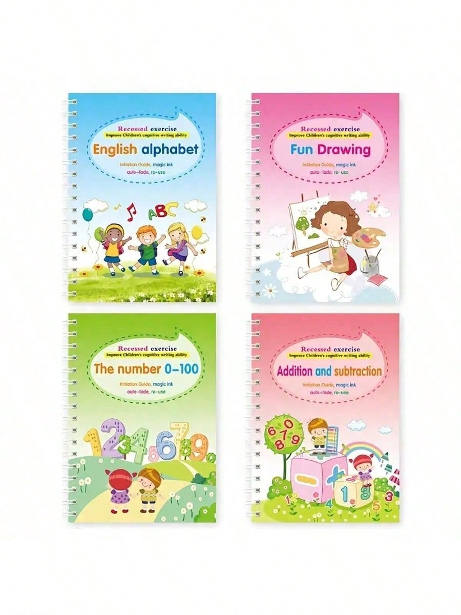 Kids Early Education Books - Reusable Grooved Magic Calligraphy Book, 4-in-1