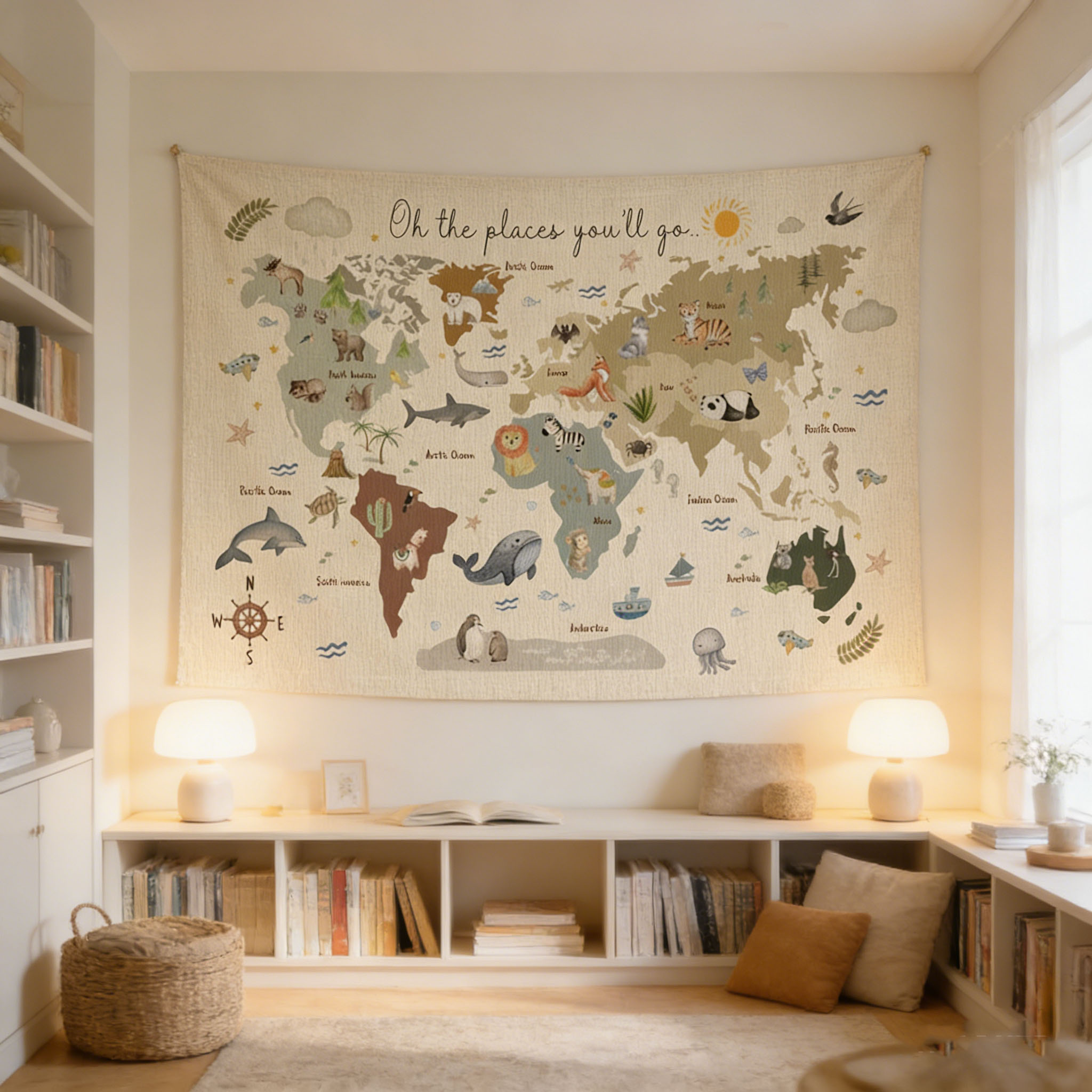 Cute Animal World Map Tapestry - Kids Education Banner recensie en prijs